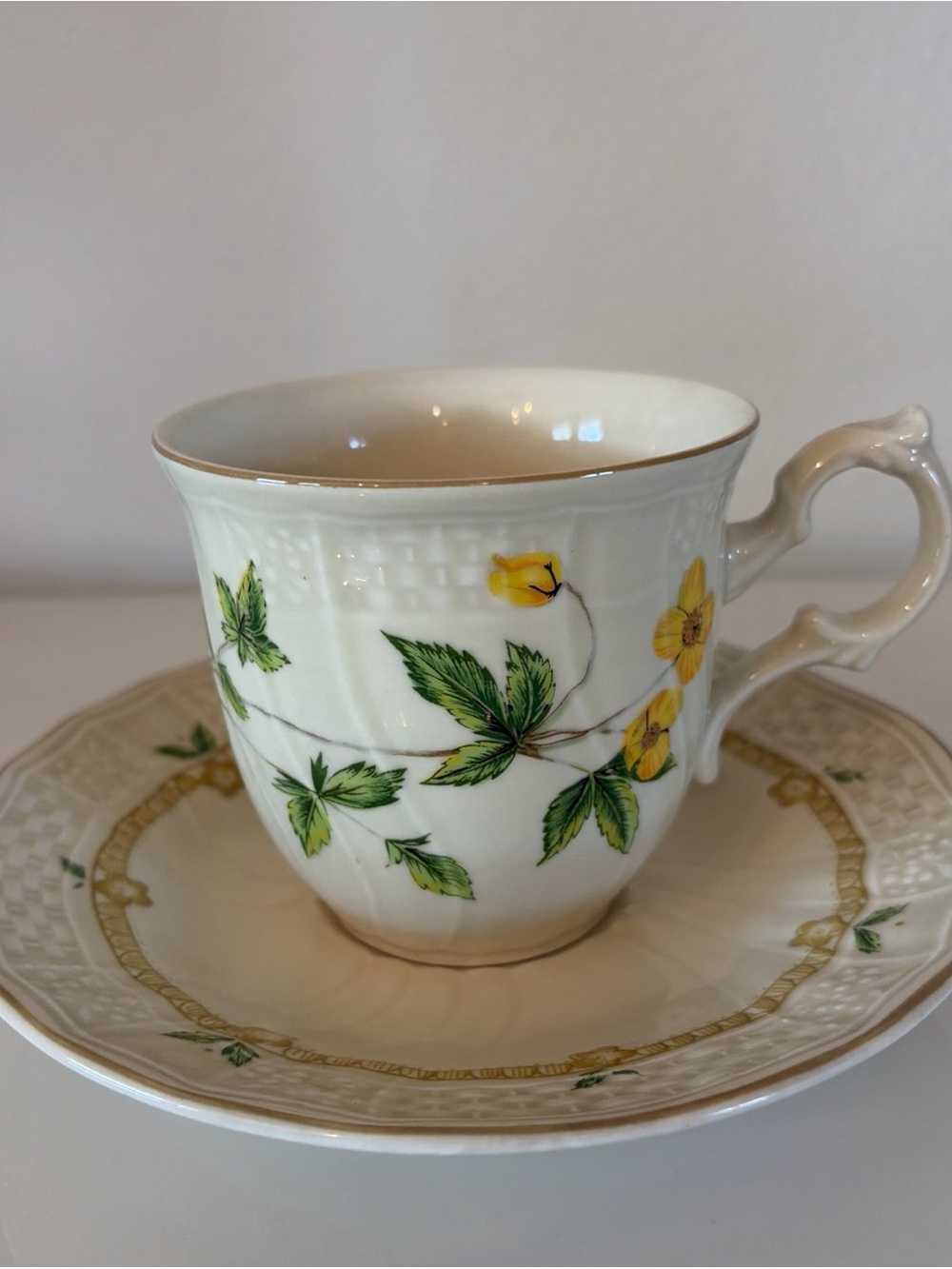 Mikasa Royalty Flat Cup & Saucer Set Yellow Floral Japan Discontinued Vintage